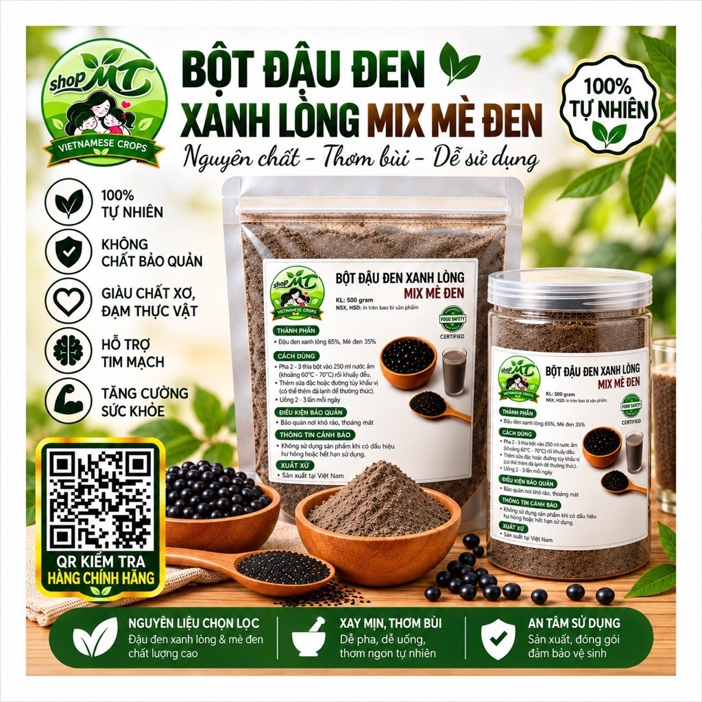 Bột Đậu Đen Mè Đen – Đậu Đen Xanh Lòng Mix Mè Đen Nguyên Chất Rang Xay