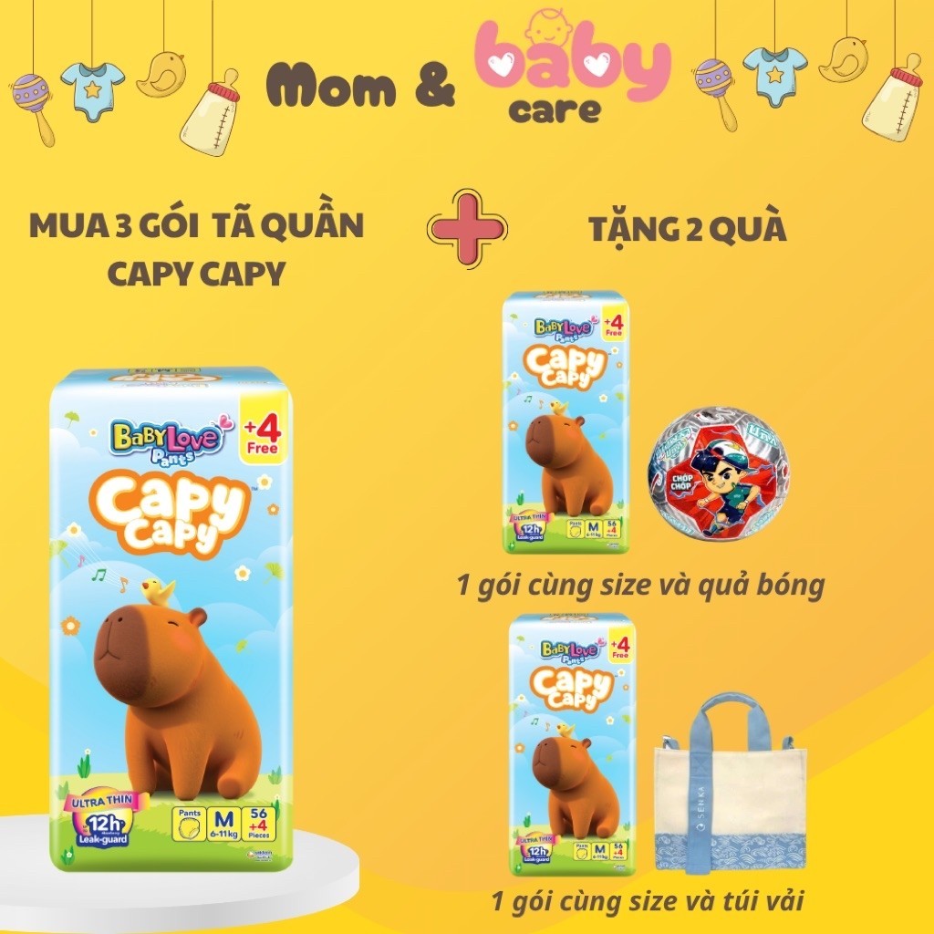[Combo 3 tặng 1] Tã Quần Babylove Capy Capy size M54+4/ L48/ XL44/ XXL40/ 3XL34/ 4XL30/ 5XL26 miếng