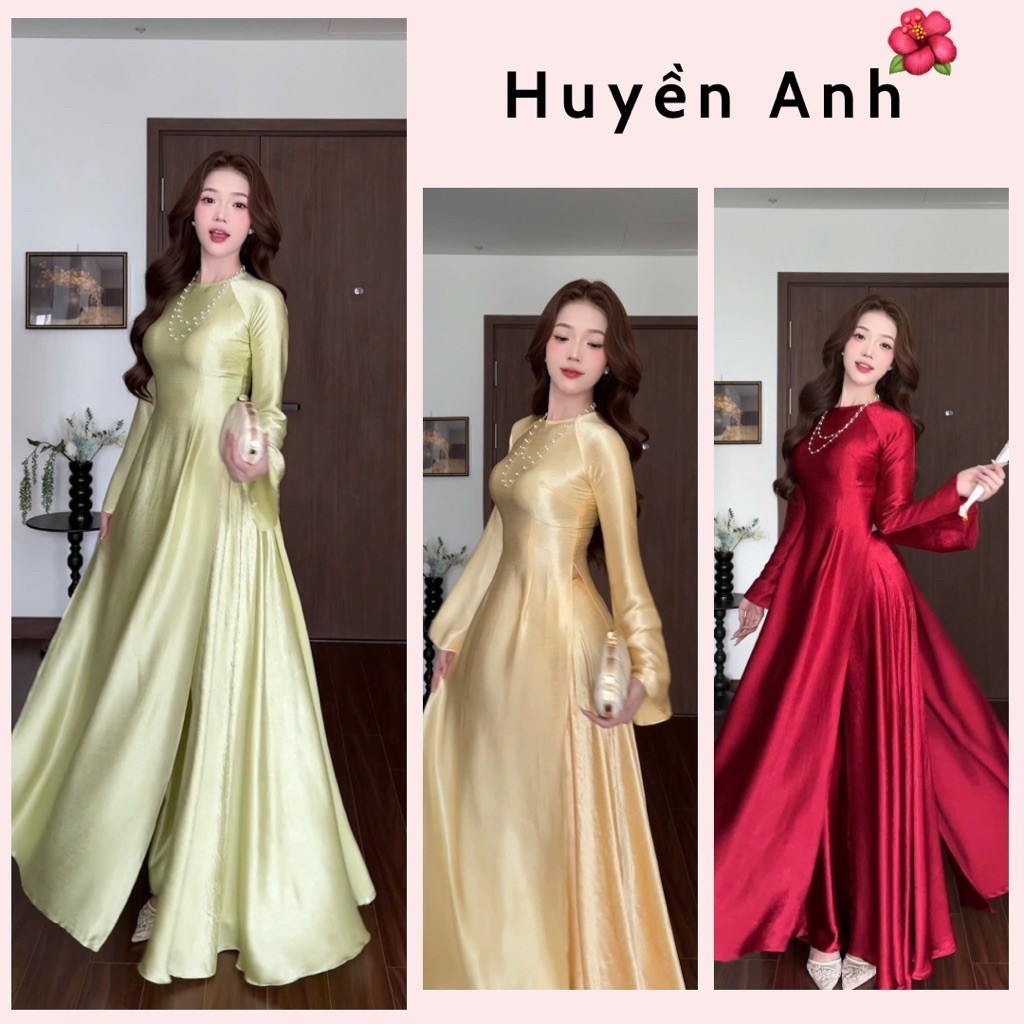[ Áo Cổ Tròn+Q.Váy] Áo dài truyyền thống NHÃ UYÊN, chất liệu vải lụa TiTan tráng gương, form ôm chiết ly,cổ tròn,tay loe