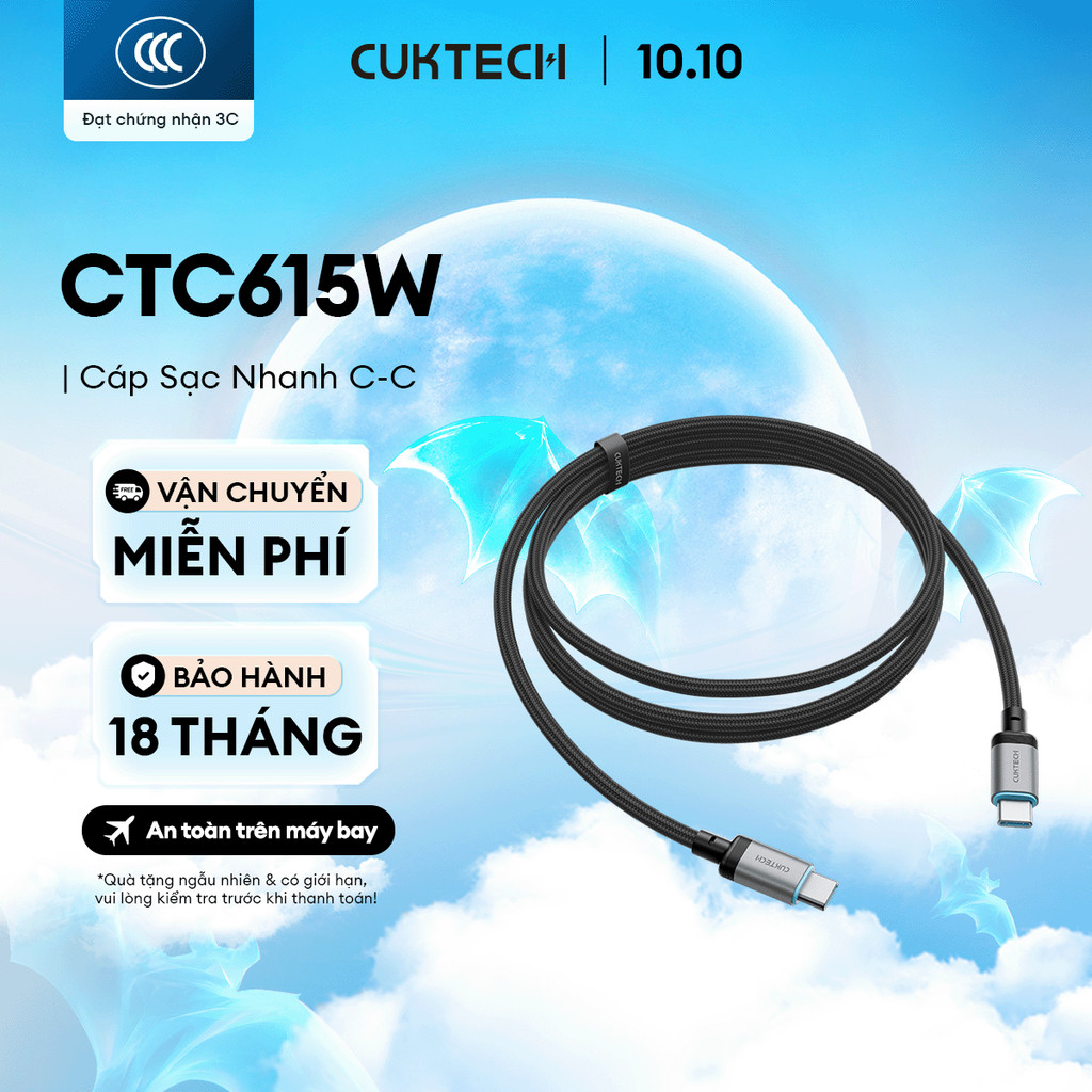 Cáp Sạc Nhanh CUKTECH CTC615W C-C 1.5m | Công Suất Sạc Max 240W (6A) | Truyền Dữ Liệu 480 Mbps | Bảo Hành 18 Tháng