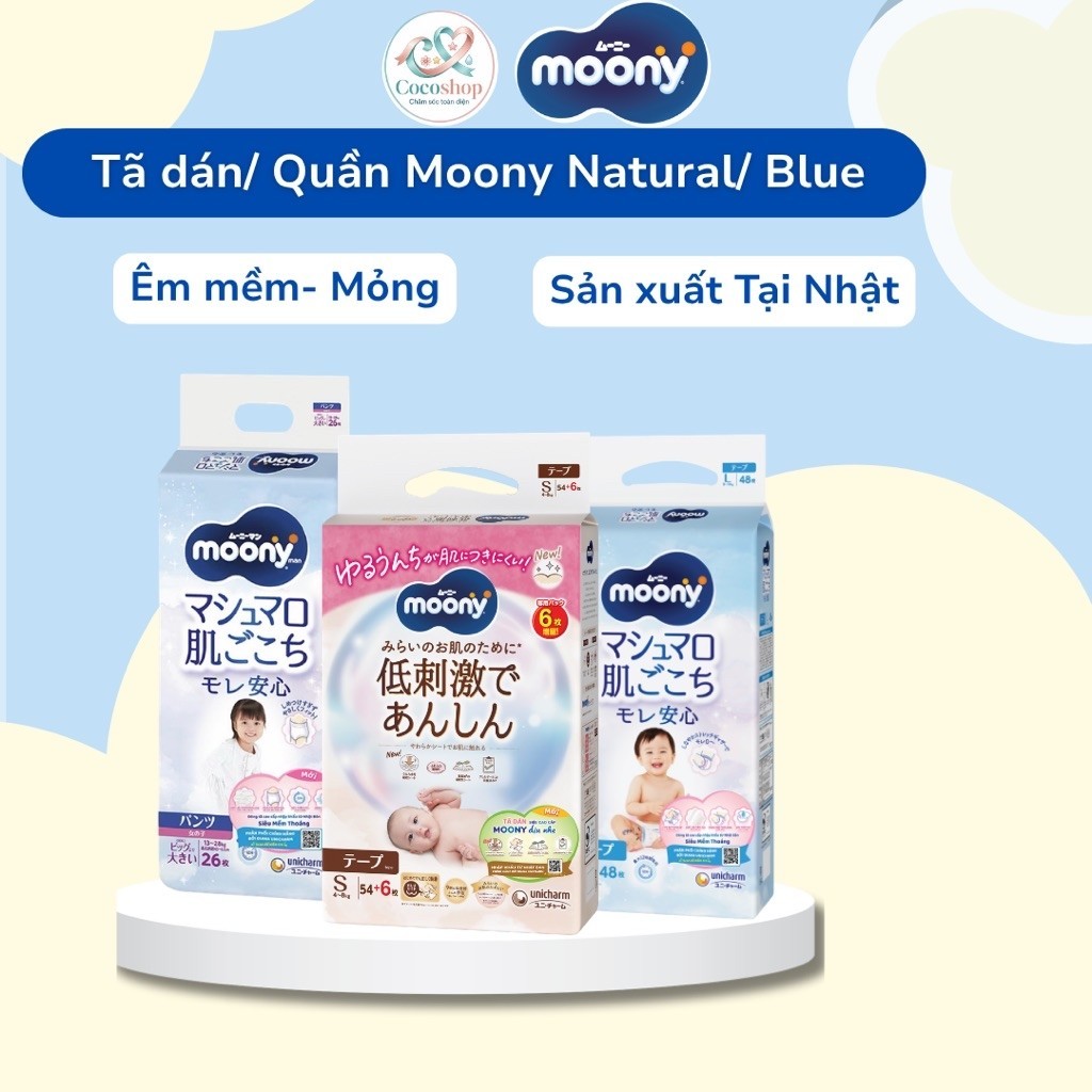 Tã /Bỉm MOONY NATURAL dán/ quần size NB62/ S58/ M46/ L36/ XL32