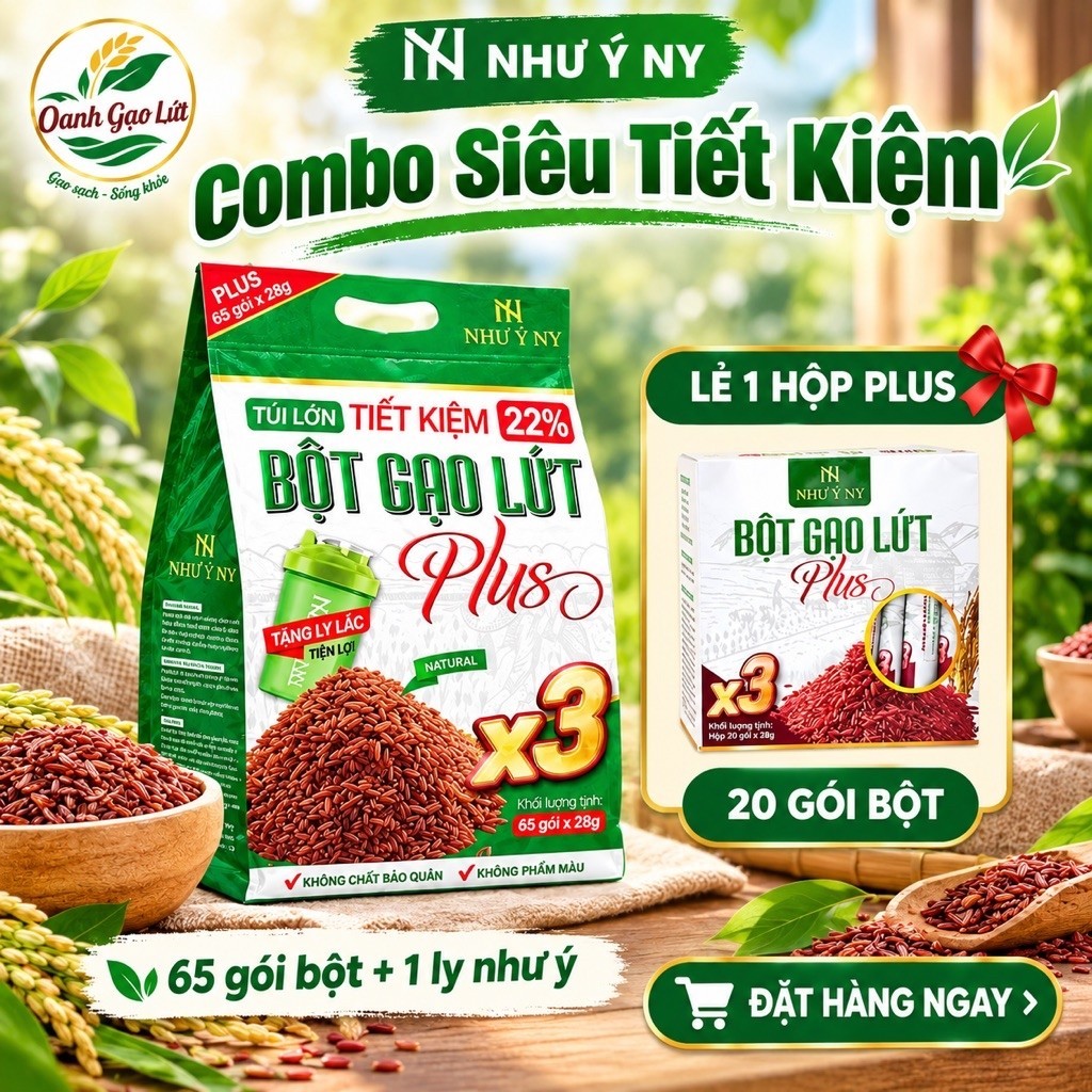 [ Túi to Siêu quà] Bột gạo lứt plus - x3 hộp 20 gói tặng dây đo eo, bình lắc