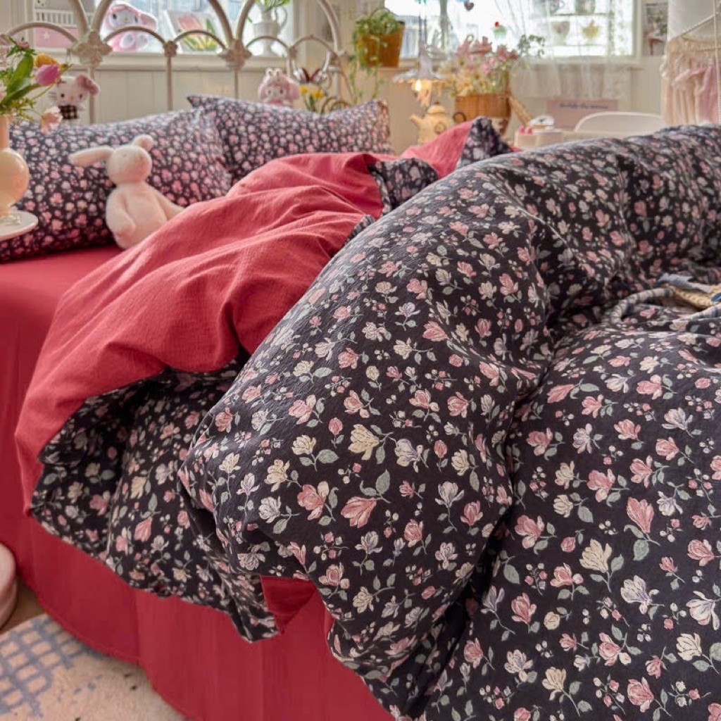 Bộ vỏ chăn ga gối cotton đũi Viền Bèo phong cách Hàn Quốc Hàng loại 1