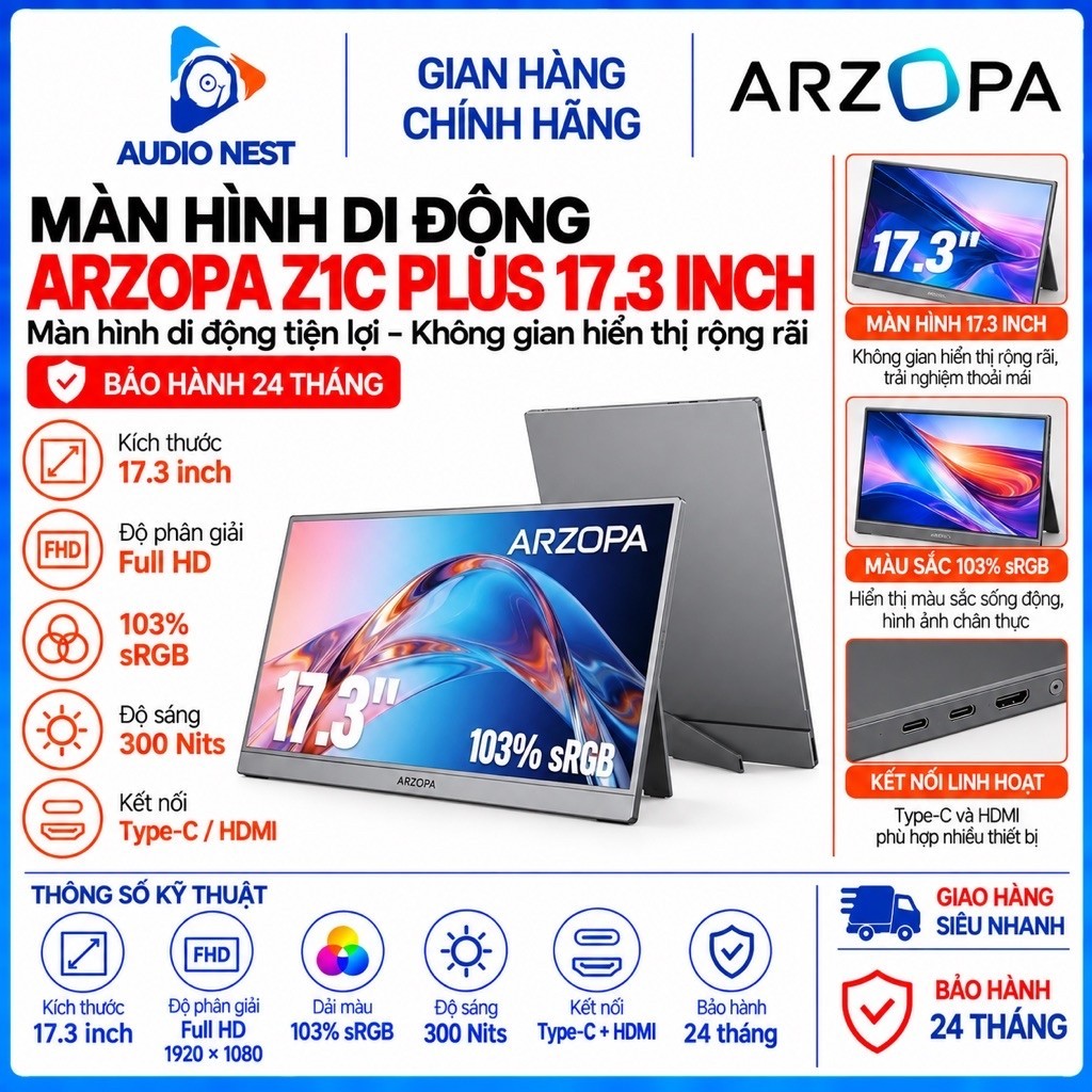 Màn Hình Di động ARZOPA Z1C PLUS 17.3 inch | 103% sRGB | 300 Nits ...