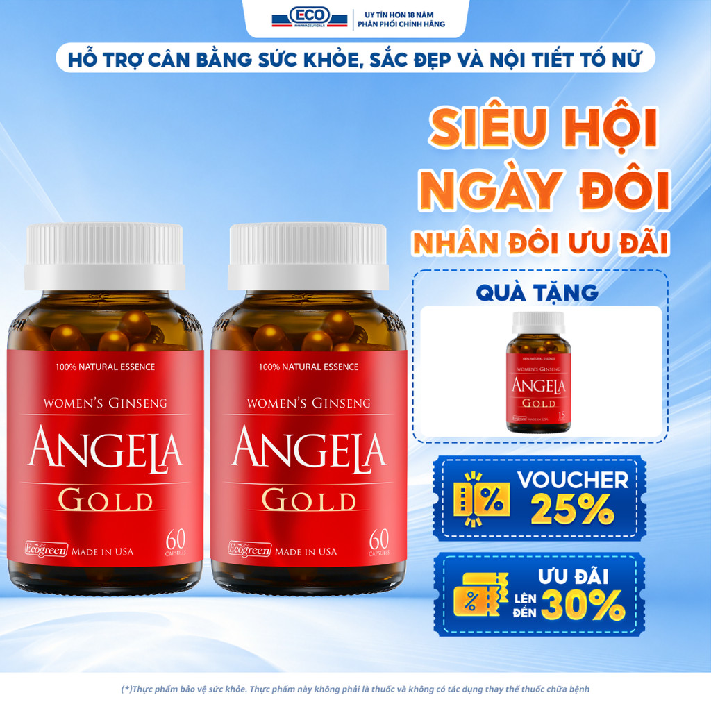 [Tặng Angela 15v] Combo 2 Hộp 60v - Viên Uống ANGELA GOLD Hỗ Trợ Sức Khỏe, Nội Tiết Tố, Đẹp Da Và Sinh Lý Nữ Từ Mỹ
