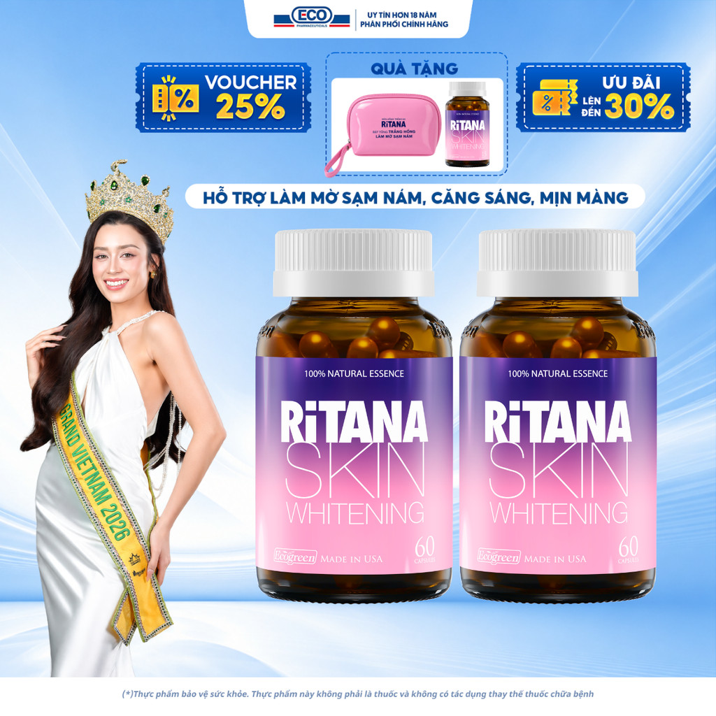 [Tặng Hộp 15v] Combo 2 Chai 60v – Viên Uống Trắng Da Ritana Ecogreen Glutathione, Mờ Nám, Chống Nắng