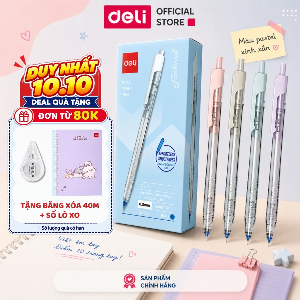 [🔥10/10 DEAL 9K] Combo 5/10/20 Bút Bi Deli EQ32 Màu Pastel Ngòi 0.5mm Mực Xanh Cho Học Sinh Sinh Viên Văn Phòng