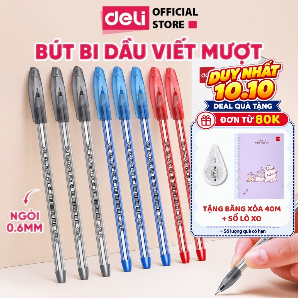 [🔥25/9 TẶNG 3 QUÀ] Combo 5/10/20 Bút Bi Dầu Deli Bút Bi Nến Ngòi 0.6mm EQ560 Viết Êm Tay Cho Học Sinh Văn Phòng