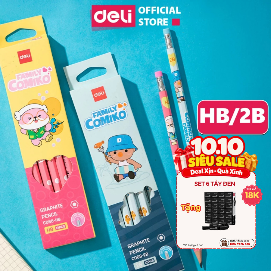 Hộp 12 Bút Chì Học Sinh Deli Thiết Kế Comiko Xinh Xắn - Viết Chì 2B, HB Kèm Đầu Tẩy Luyện Chữ Vẽ Tranh