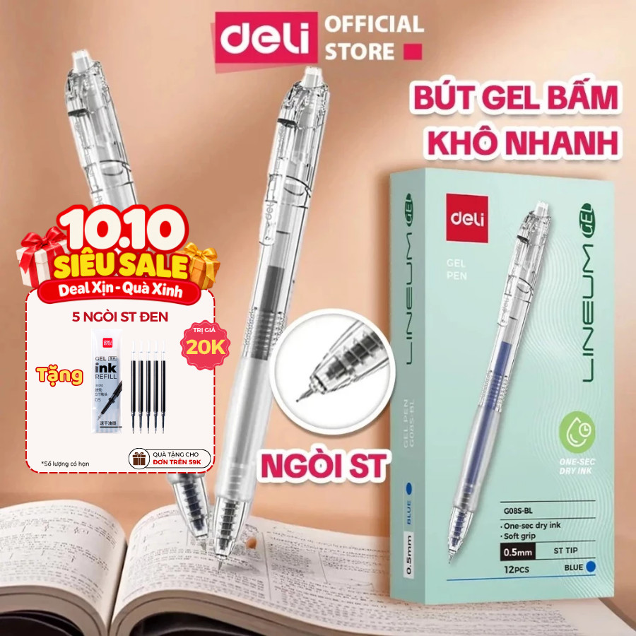 [TRỢ GIÁ EG08S] Hộp 12 Bút Gel Bấm EG08S Deli Ngòi ST 0.5mm Nhanh Khô Mực Xanh Đen Đỏ Đều Mực Có Đệm Tay