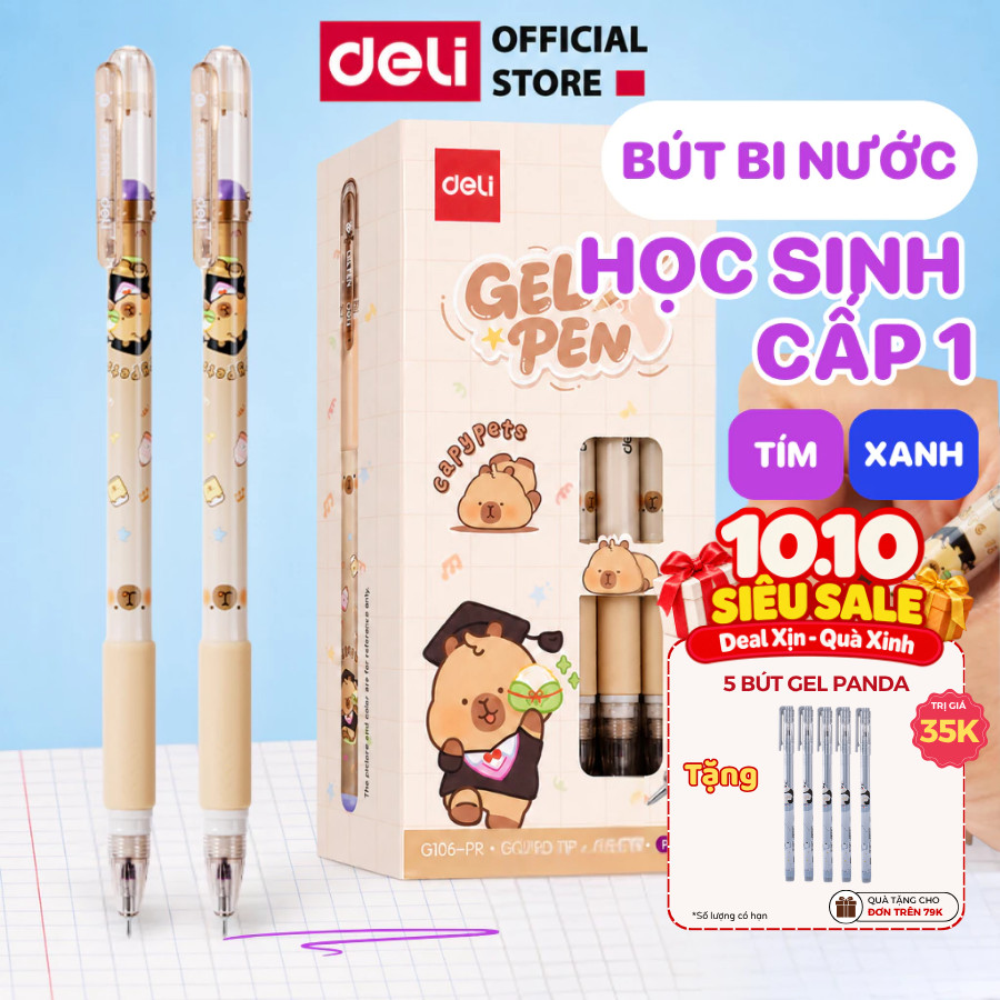 Set 5/10/20 Bút Bi Nước Học Sinh Capybara Deli Ngòi 0.5mm Mực Tím Xanh EG106 - Bút Gel Đệm Cao Su Cho Bé Cấp 1