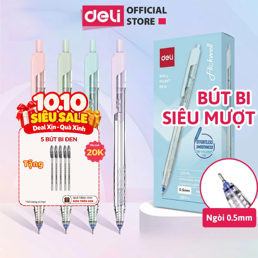 Combo 5/10/20 Bút Bi Deli EQ32 Ngòi 0.5mm Nét Thanh Mảnh Màu Pastel Cho Học Sinh Sinh Viên Văn Phòng