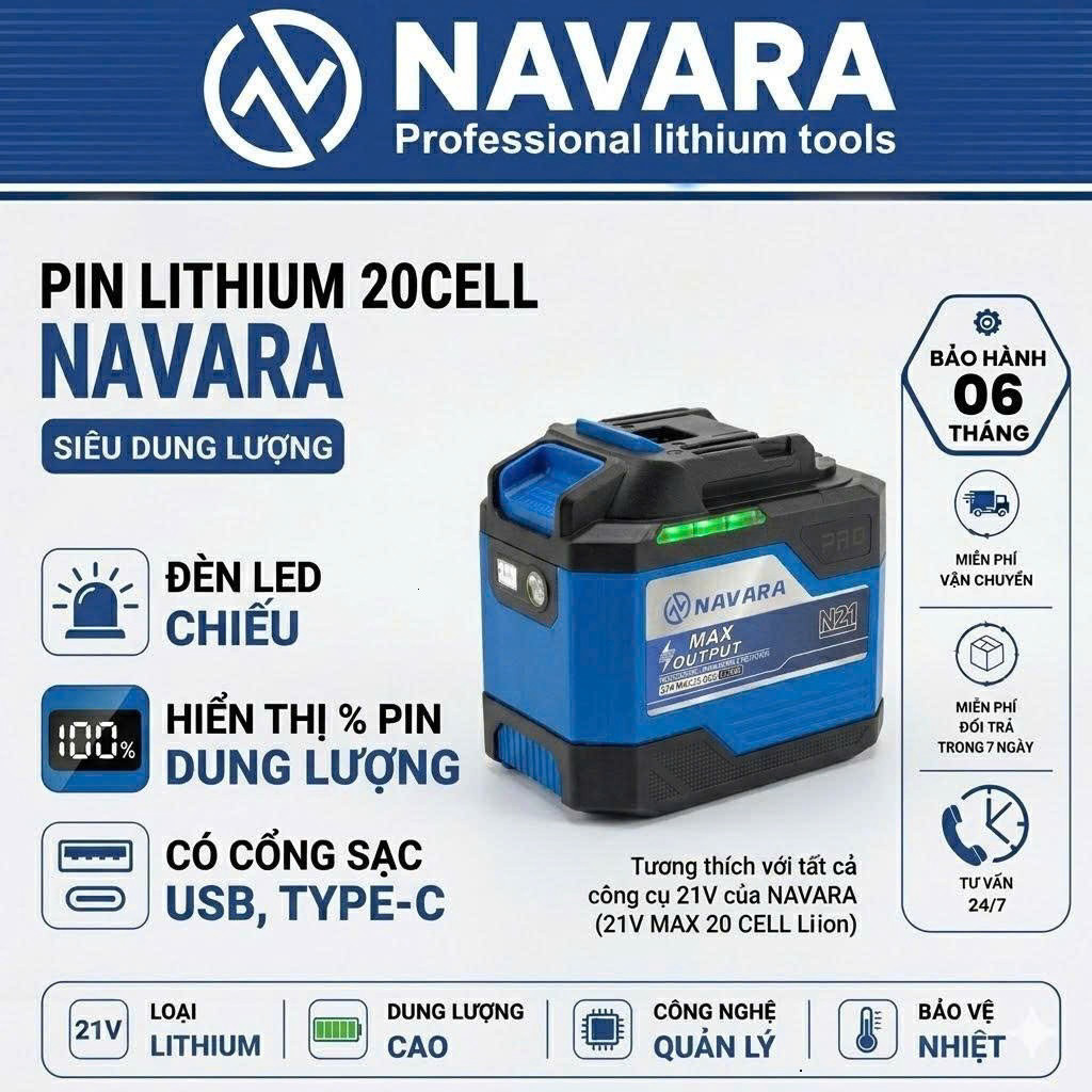 combo Pin 20 Cell NAVARA PRO Có Đèn Led - Tích Hợp Sạc USB Và TYPE ...