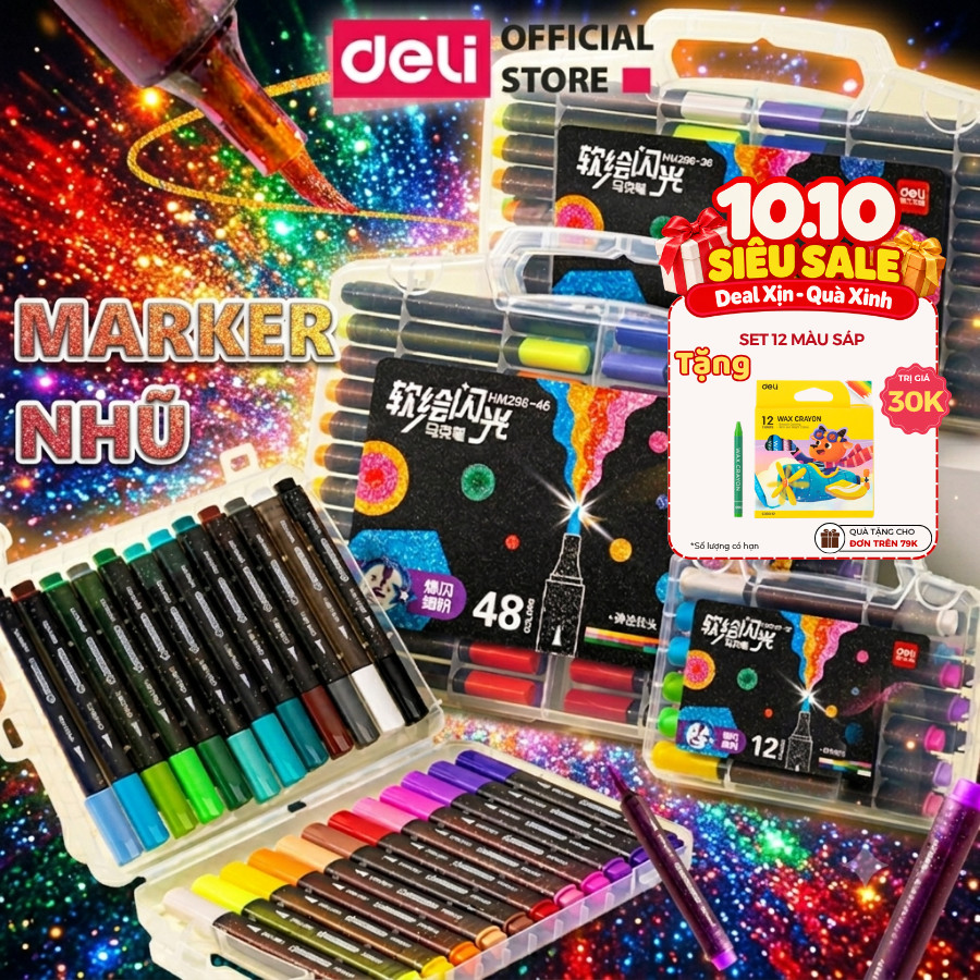 Bút Marker Nhũ Deli Thân Tam Giác - Hộp PP 12/24/36/48 Màu Mực Nhũ Lấp Lánh Vẽ Tranh Decor
