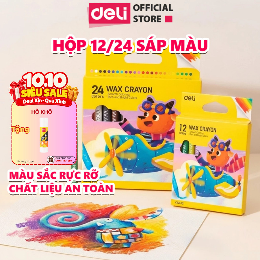 Bút Sáp Màu 12/24 Màu Deli Sáp Màu An Toàn Màu Sắc Rực Rỡ Tươi Sáng Tập Vẽ Tranh Tô Màu