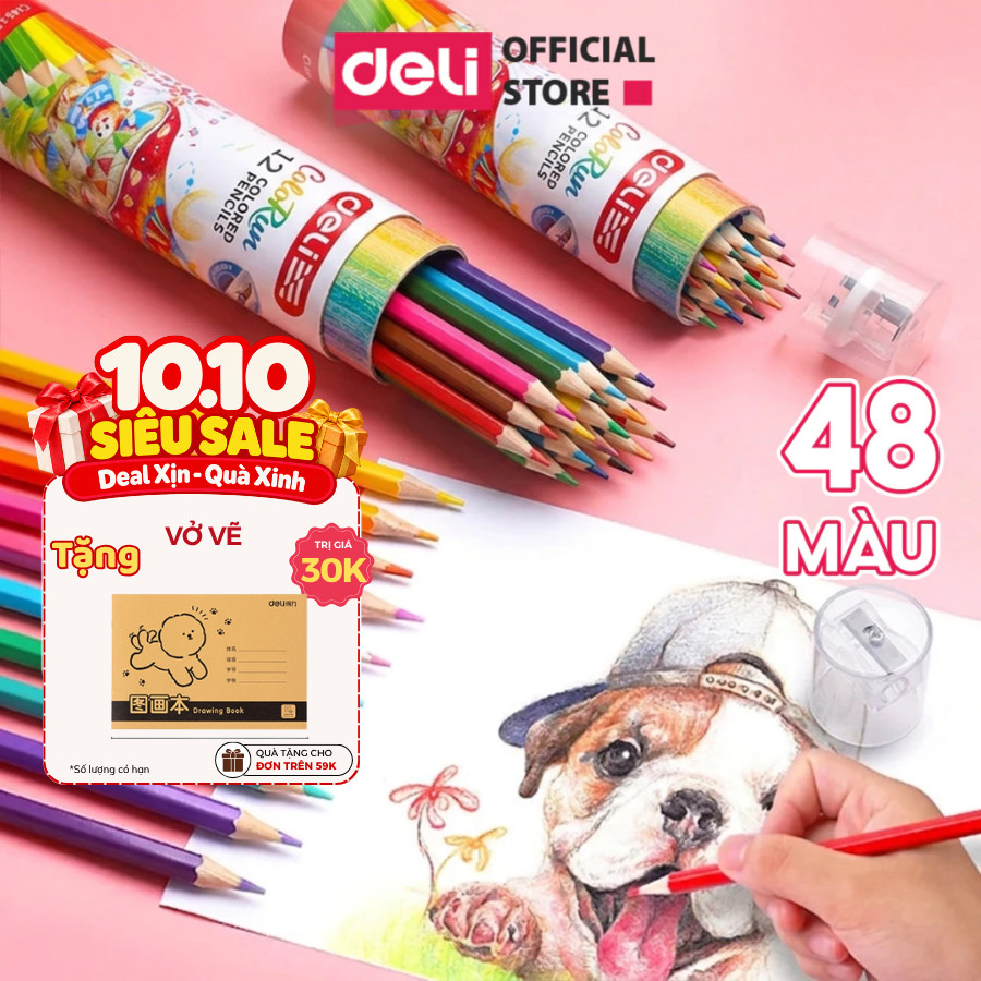 [🔥TẶNG GỌT] Bút Chì Màu Gốc Dầu Deli Dạng Cốc/Lon 12/24/36/48 Màu Chì Tươi Bền Ruột Có Chuốt Chì Ở Nắp