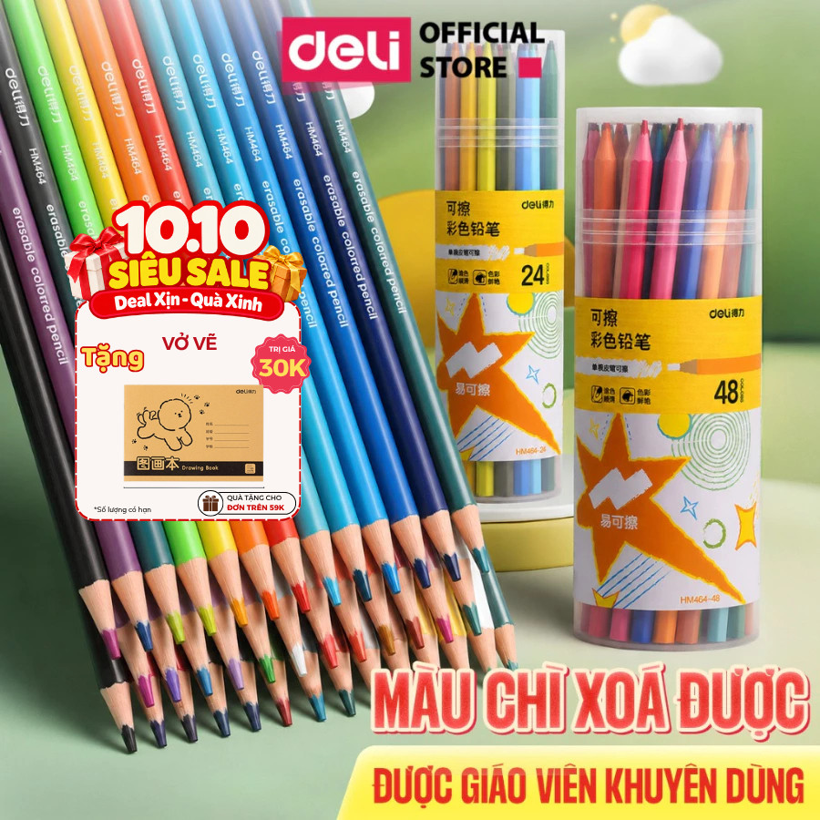 Bút Chì Màu Xóa Được Deli Bút Chì Màu Cao Cấp Dạng Cốc 12/24/36/48 Màu Không Dễ Gãy Dễ Gọt Màu Sắc Tươi Sáng