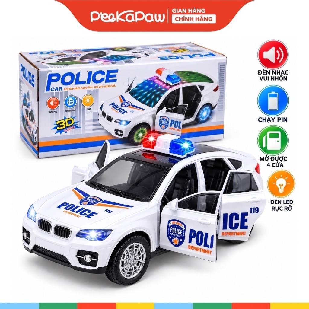 Xe cảnh sát chạy pin mở 4 cửa có đèn LED còi báo 2017C PeeKaPaw Toys