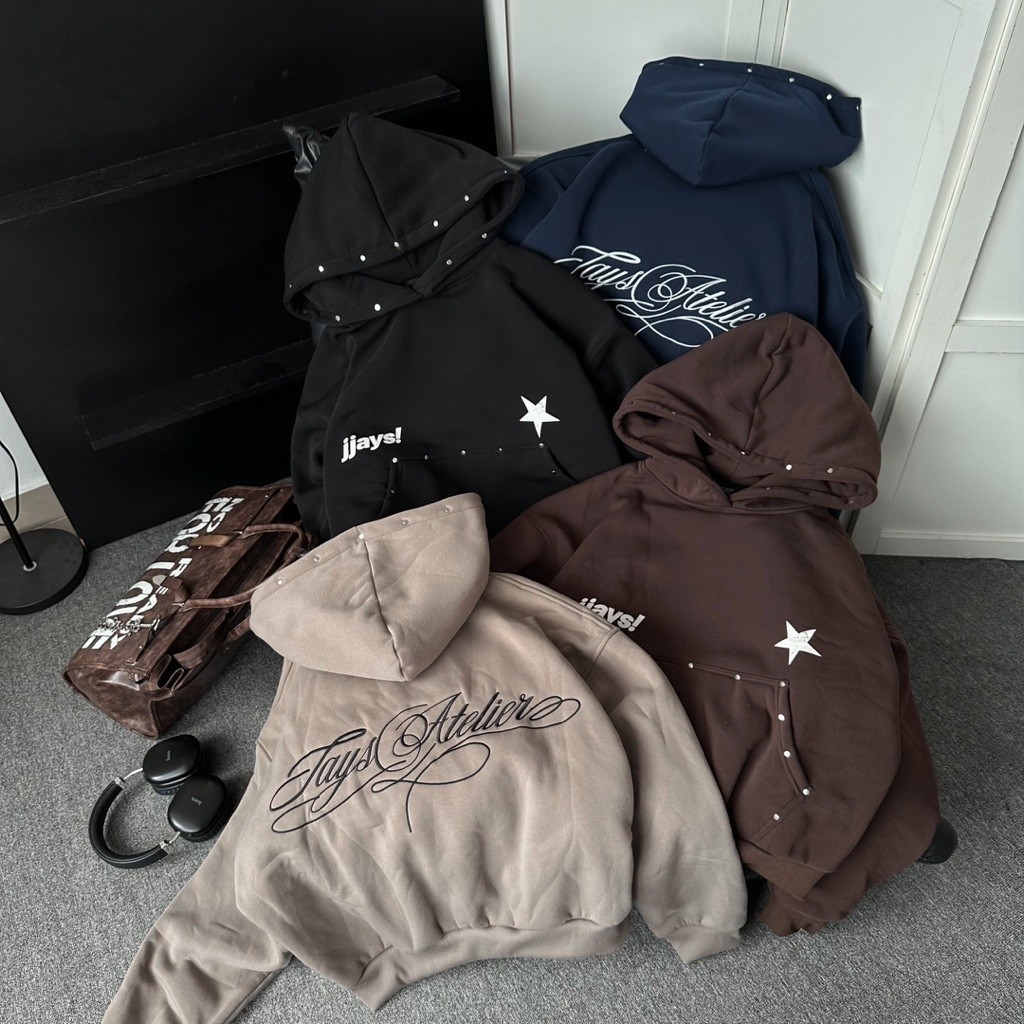 JJAYS HOODIE RIVET - Áo khoác hoodie thêu nổi form Boxy rộng mũ to nam nữ unisex màu XÁM TIÊU/ĐEN/NÂU Brand Jaystoree 🖤