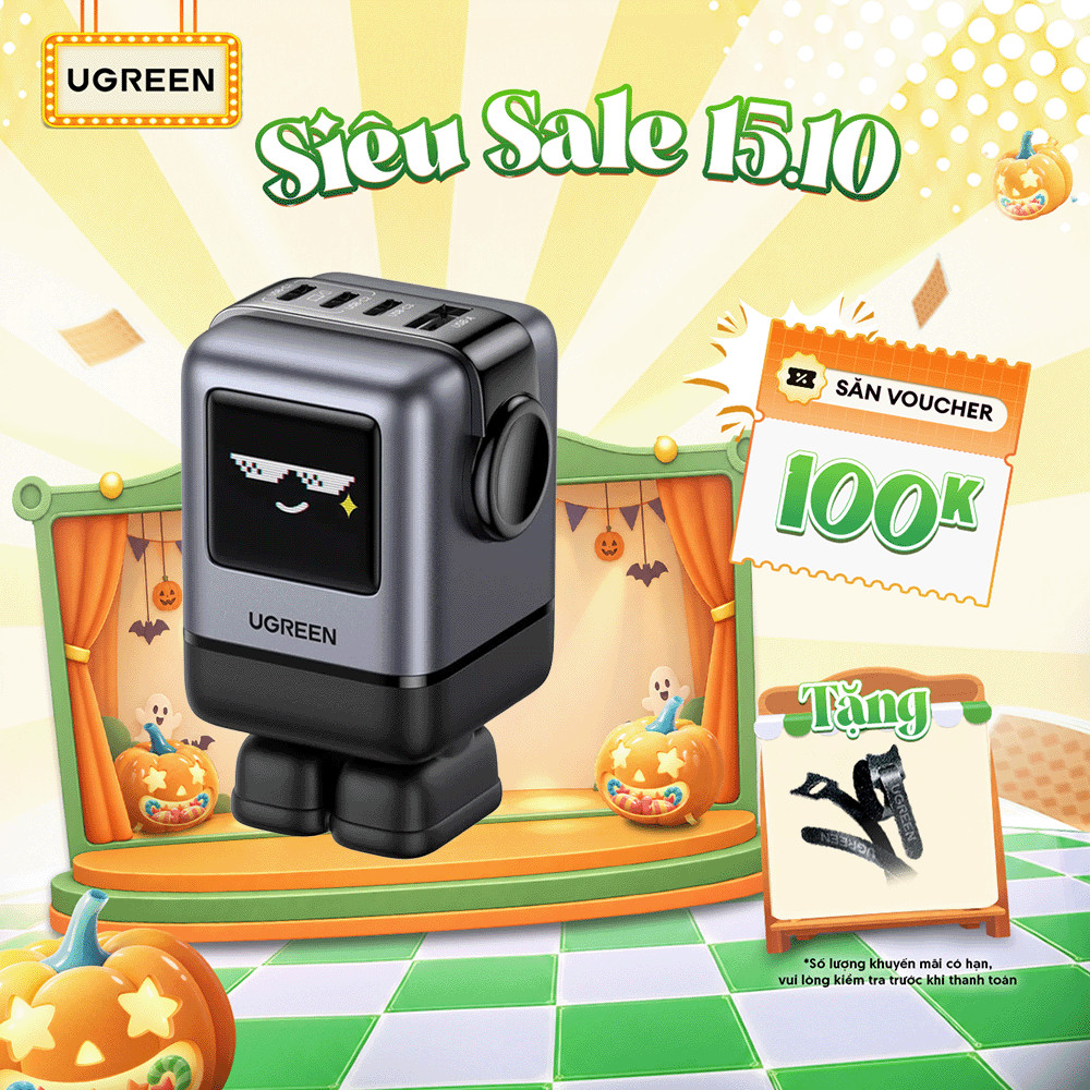 Củ sạc nhanh Robot Ugreen Uno 100W | Công nghệ GaN | Sạc 4 thiết bị cùng lúc | Bảo hành 18 tháng 1 đổi 1 | 45514B