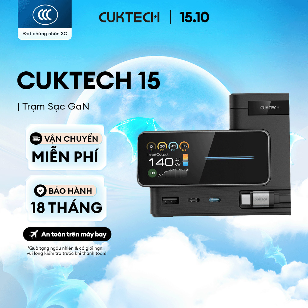 Trạm Sạc GaN CUKTECH 15 6in1 | AVS 60W | Công Suất Max 140W | Màn Hình 1.83 Inch | Bảo Hành 18 Tháng TA1406U