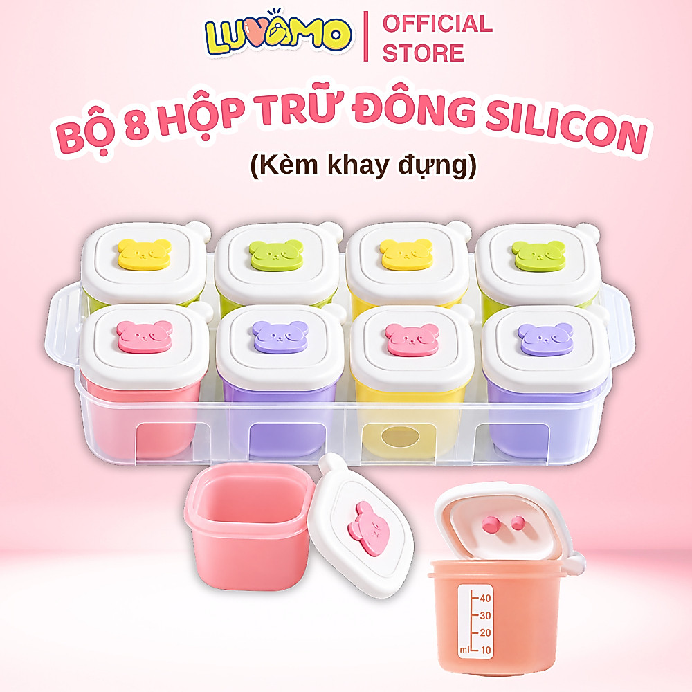 Set 8 hộp trữ đông Silicone Lion Baby 50ml đựng đồ ăn dặm cho bé, có nắp và khay đựng Luvamo