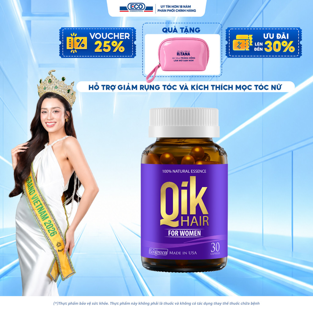 [Hộp 30v] Viên Uống Kích Thích Mọc Tóc Qik Hair For Women Ecogreen Giảm Rụng Tóc Cho Nữ