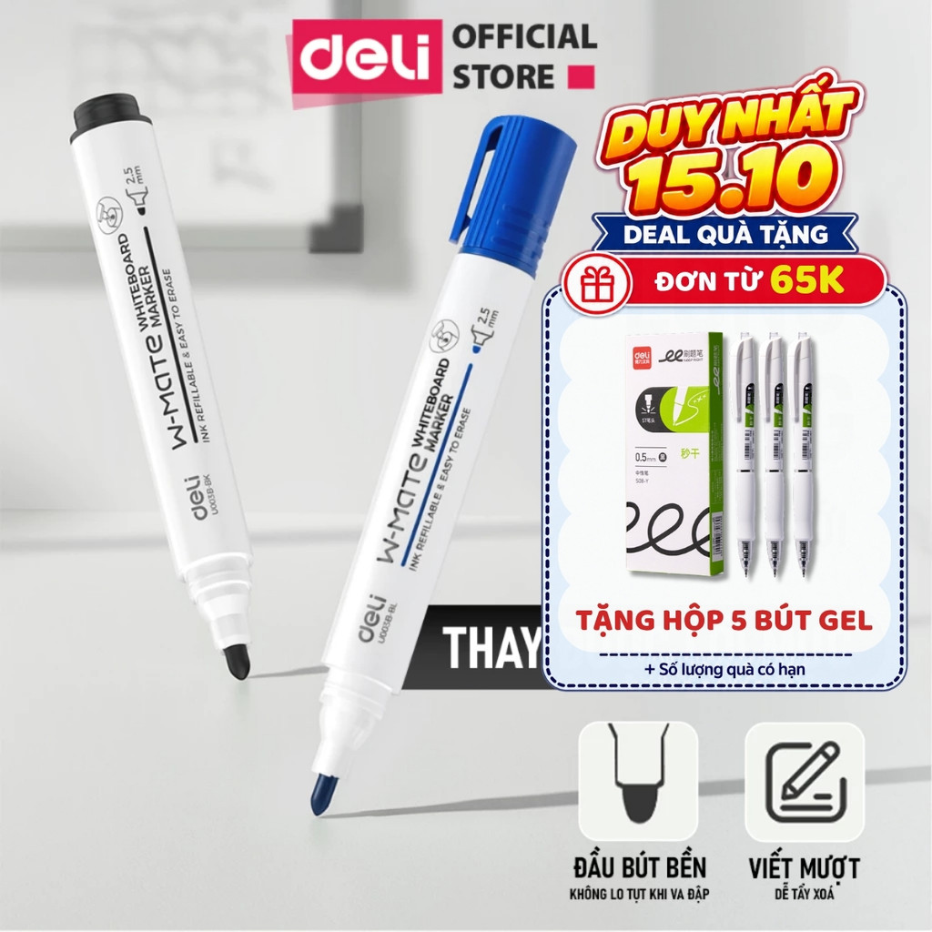Combo 3/6/12 Bút lông bảng Deli có thể bơm mực bút viết bảng trắng dễ dàng xóa sạch