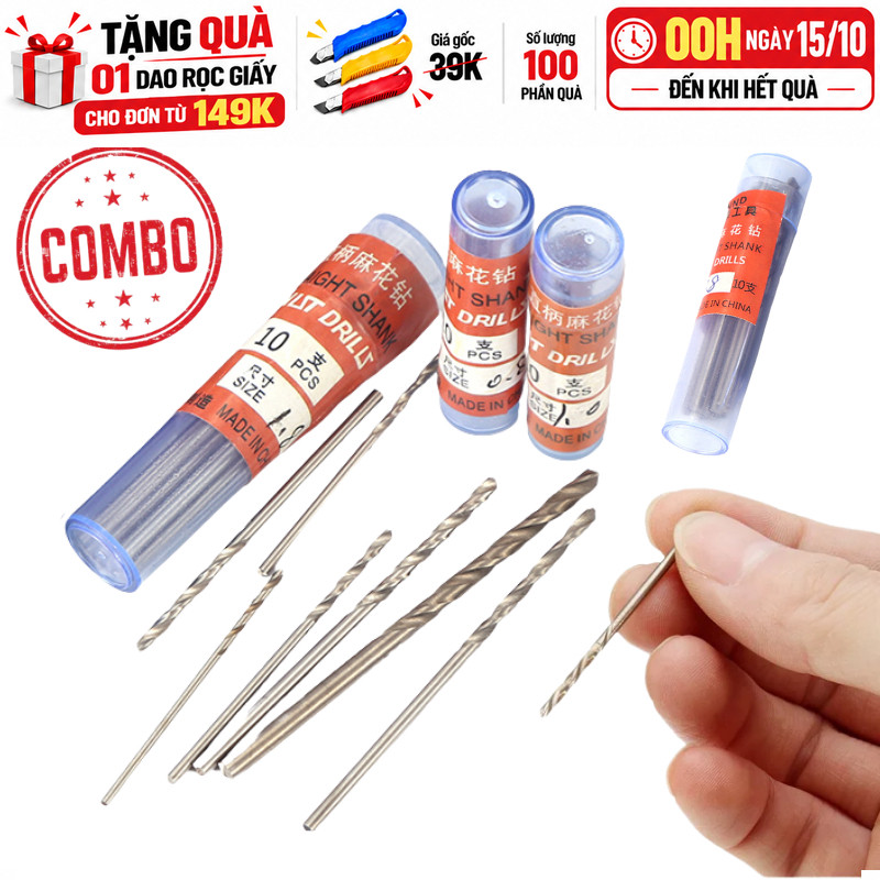 Combo- Hộp 10 Mũi Khoan Xoắn Mini (0.5mm - 3.0mm) - Chuyên Khoan Mạch, Gỗ, Nhựa 