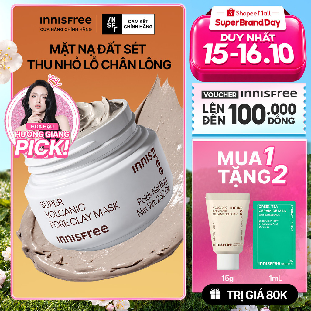 Siêu mặt nạ đất sét tro núi lửa giảm nhờn, thu nhỏ lỗ chân lông INNISFREE Super Volcanic Pore Clay Mask 80G