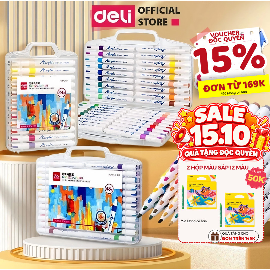 [🔥TRỢ GIÁ] Bút Sơn Màu Acrylic Markers Deli Hộp 12/24/36/64 Box Màu Acrylic Marker An Toàn Vẽ Trên Mọi Chất Liệ