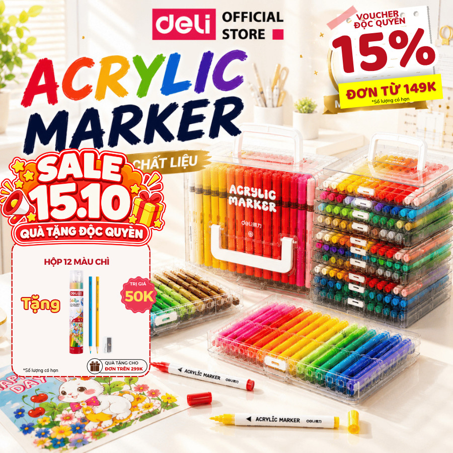 [🔥TRỢ GIÁ] Bút Sơn Acrylic Marker Deli Dạng Roller 24/36/48/60/84 Màu Acrylic Marker An Toàn Màu Vẽ Mọi Chất Liệu