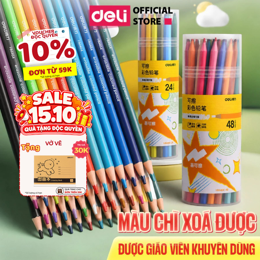 Bút Chì Màu Xóa Được Deli Bút Chì Màu Cao Cấp Dạng Cốc 12/24/36/48 Màu Không Dễ Gãy Dễ Gọt Màu Sắc Tươi Sáng