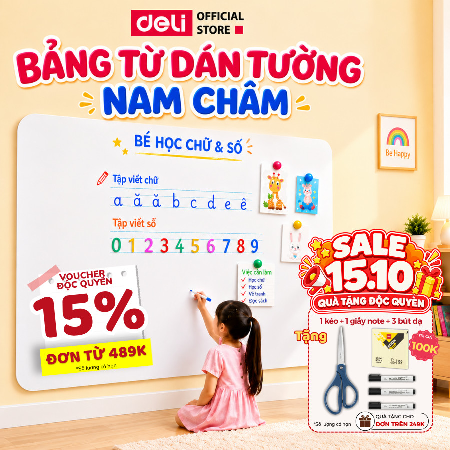 Bảng Từ Trắng Dán Tường Deli - Hút Nam Châm Viết Bút Lông Bảng Dày Dặn Nhiều Kích Thước