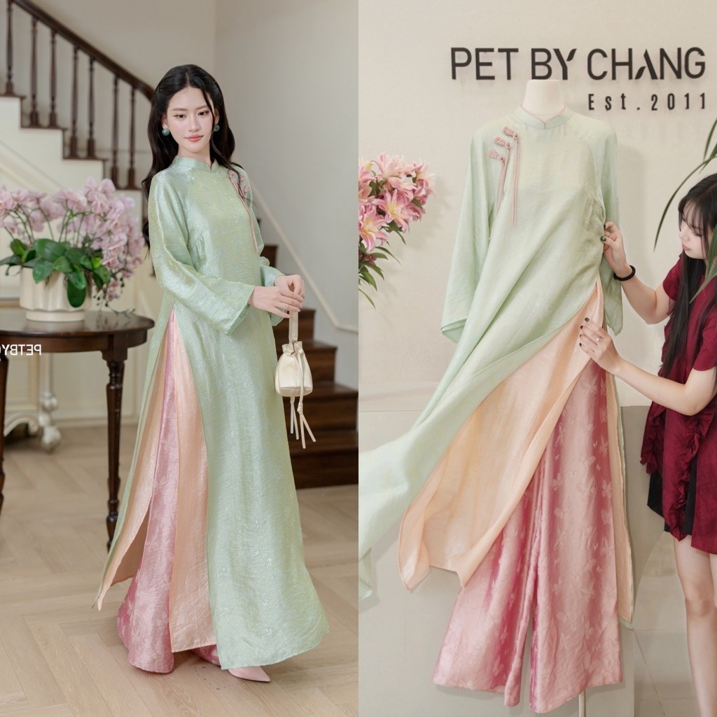 ( Tặng Túi Gấm ) - Áo Dài Ngọc Yên 4 Tà Layer, Chất Liệu Gấm Liễu Châu Cao Cấp, Nút Thắt Thủ Công, Áo Dài Nữ Thanh Lịch