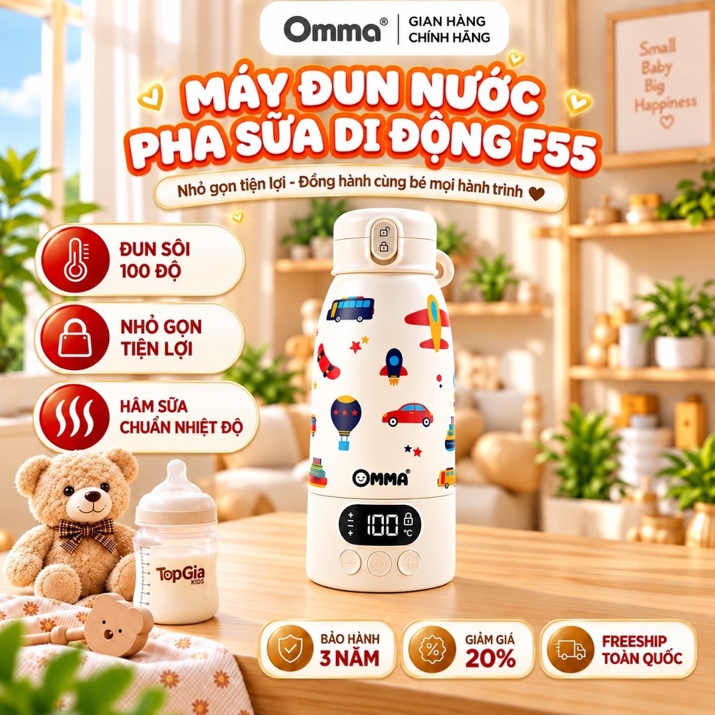 [Đun sôi 100 độ] Bình Đun Pha Sữa Di Động Omma F55– Đun Hâm Pha Sữa , Điều Chỉnh Nhiệt Độ 35-100 độ