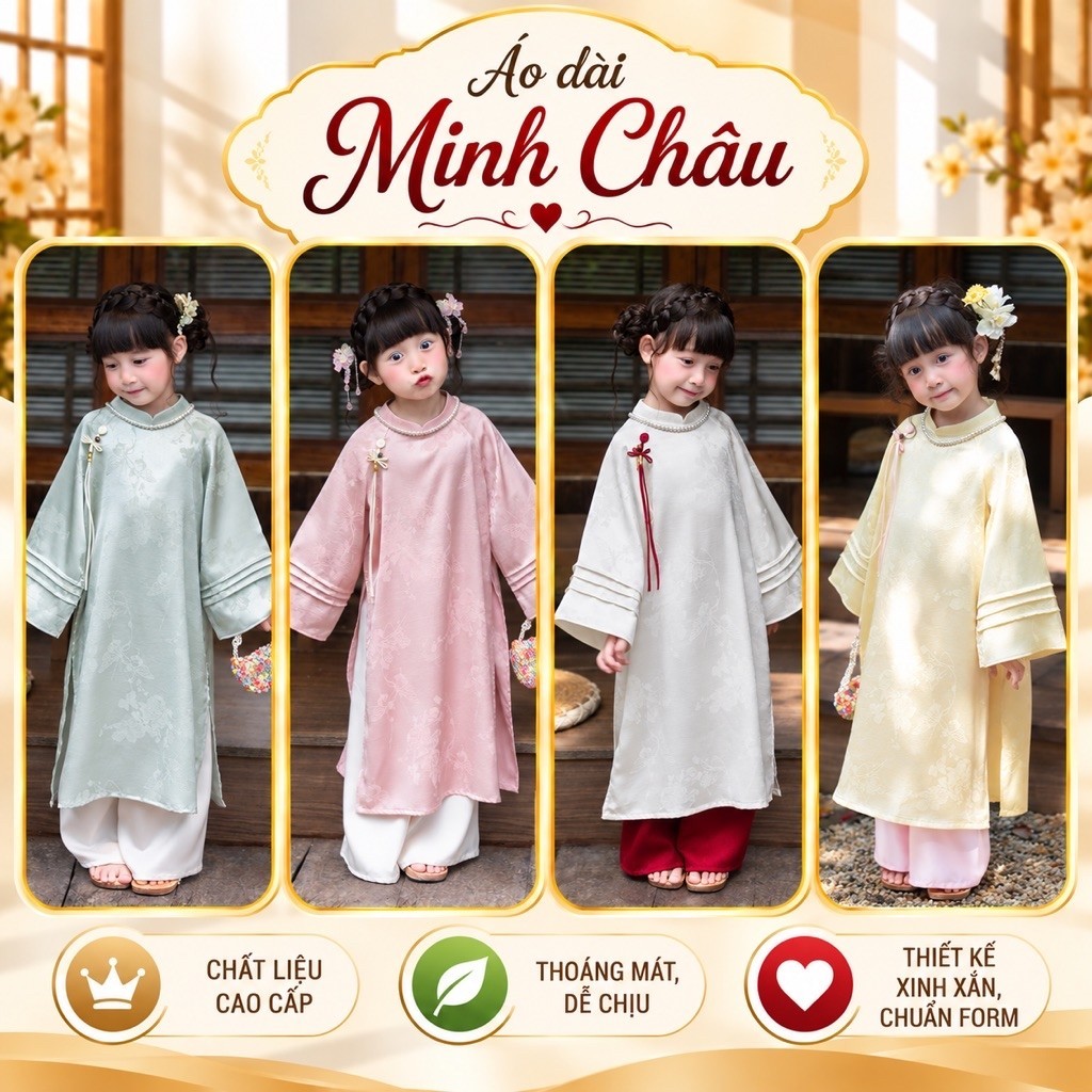 Áo Dài Tết 2027 Áo Dài Bé Gái Minh Châu Gấm Thiên Điệp Cao Cấp – Tặng Kèm Bờm Xinh