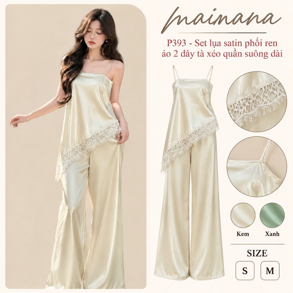 P393 - Set lụa satin phối ren áo 2 dây tà xéo quần suông dài mềm rũ sang trọng