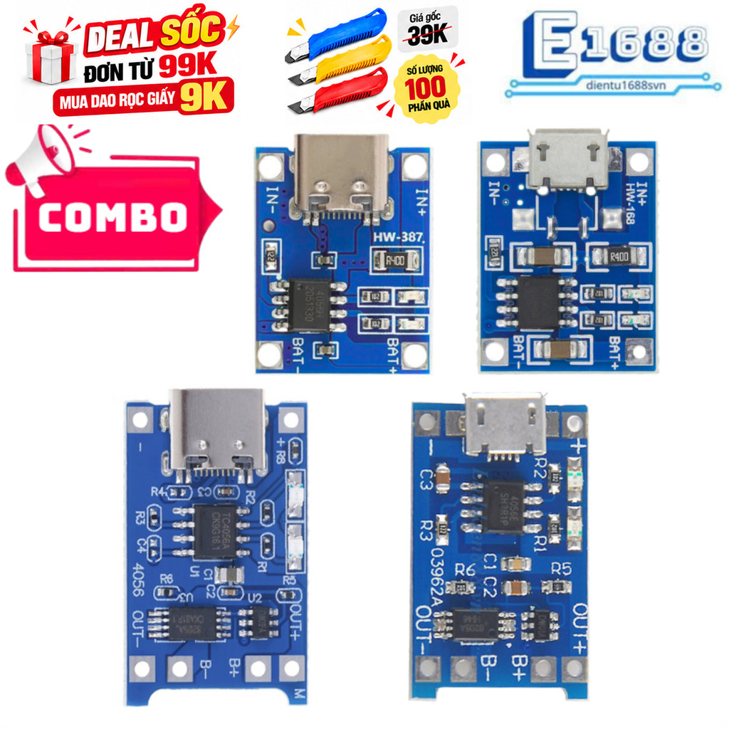 Combo- Mạch Sạc Pin TP4056 cổng USB micro B / Type C (Có / Không IC bảo Vệ )