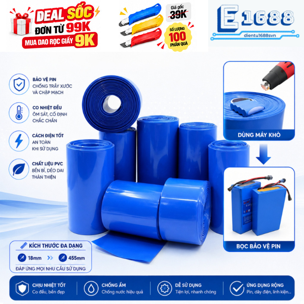 Màng co nhiệt PVC bọc pin từ 18 - 455mm, dày dặn, chất lượng cao