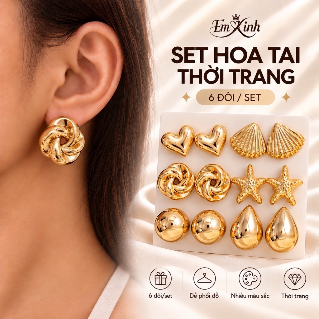 Combo 6 đôi hoa tai EM XINH To 3cm cá  tính. Phủ màu vàng trend , dễ phối đồ sang chảnh ( HT02)