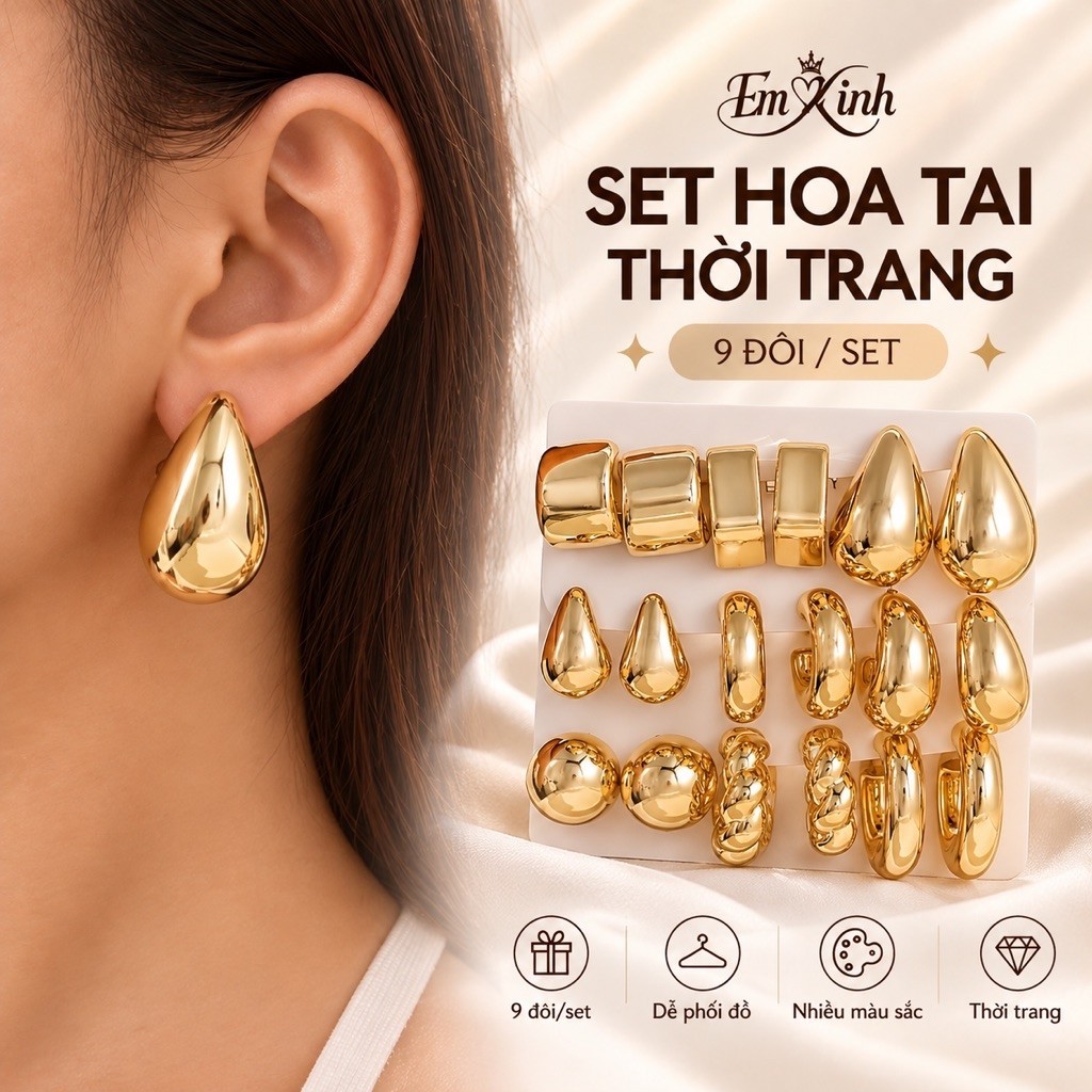 Combo 8/9 Đôi Bông Tai Nhựa EM XINH Phủ Vàng Bản To 4cm Chunky Phụ Nữ Thanh Lịch Nhẹ Không Gây Dị Ứng (CB001)