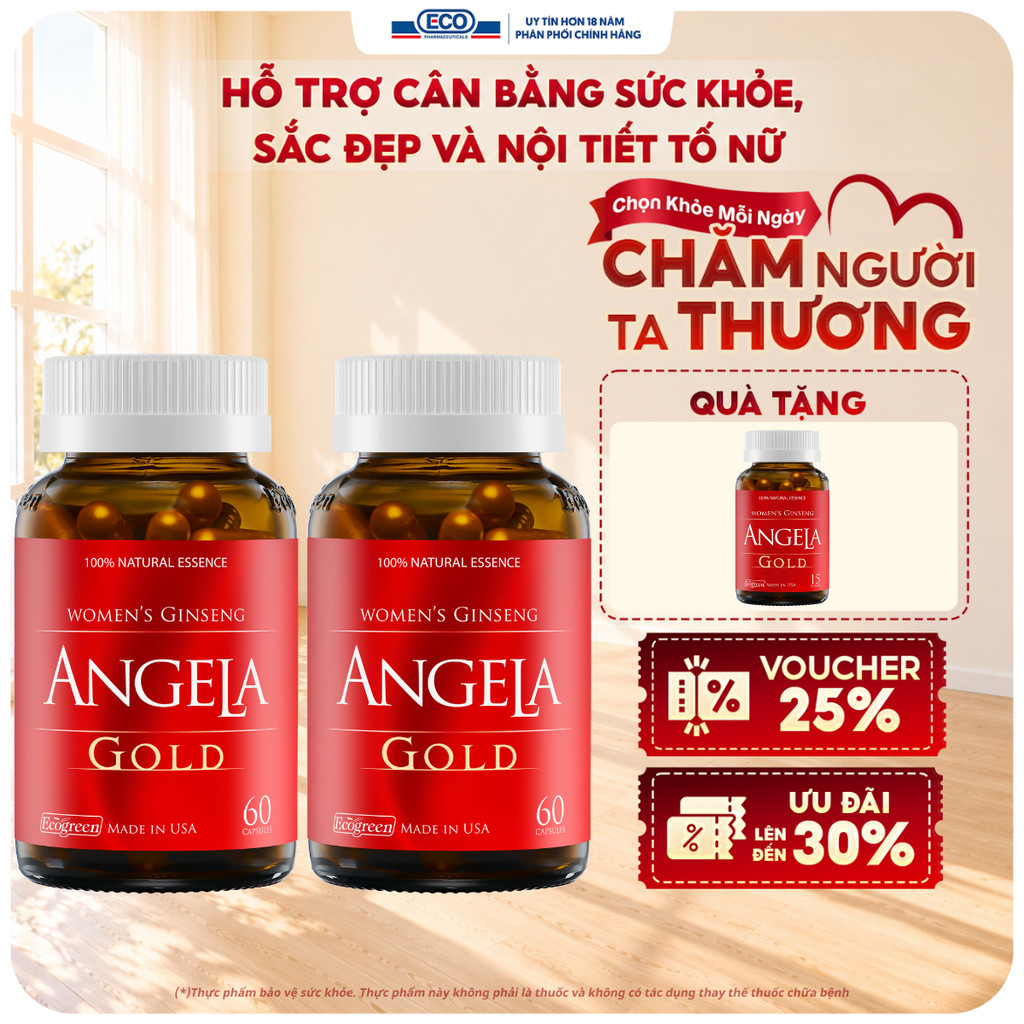 [Tặng Angela 15v] Combo 2 Hộp 60v - Viên Uống ANGELA GOLD Hỗ Trợ Sức Khỏe, Nội Tiết Tố, Đẹp Da Và Sinh Lý Nữ Từ Mỹ