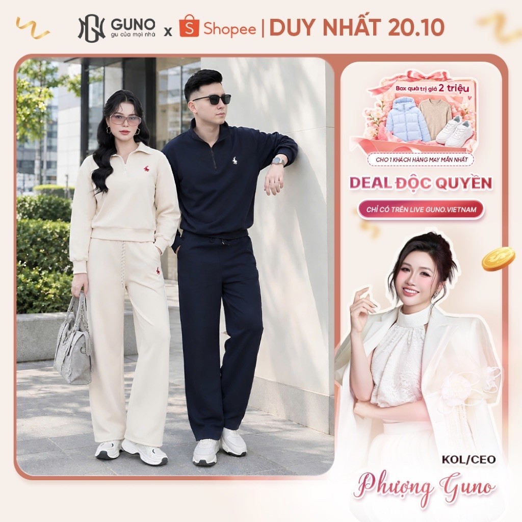 Bộ Quần Áo Nỉ Nam Nữ GUNO Cao Cấp Kéo Khóa Cổ Thêu Ngựa Kèm Quần Suông Hack Dáng 26BG200/BB230