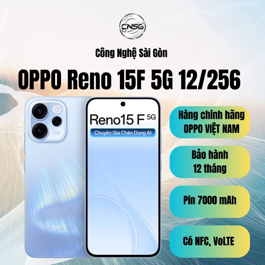 Điện thoại OPPO Reno15 F 5G 12GB/256GB - pin 7000mAh, sạc siêu nhanh 80W, có NFC, có VoLTE - hàng chính hãng