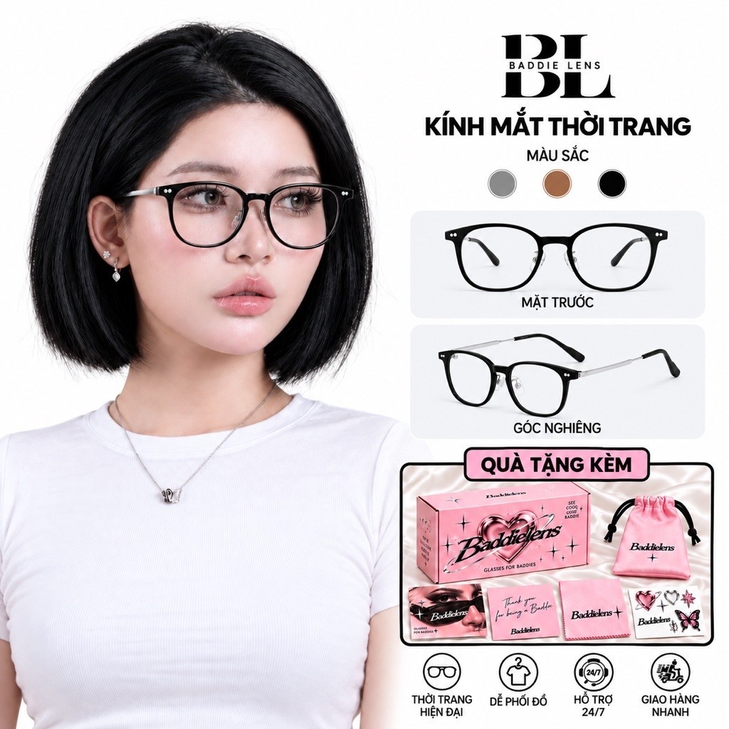 [Kèm Quà] Kính Mắt Thời Trang Baddie Lens Gọng TR Càng Titan, Tròng Trong Suốt, Dáng Vuông Bo Góc Cho Nam Nữ - BL2603