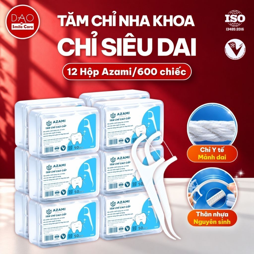 [CHÍNH HÃNG] 12 Hộp Tăm chỉ nha khoa AZAMI Chính Hãng - Sợi PTFE Tiệt Trùng, Nhựa HIPS Dẻo Dai