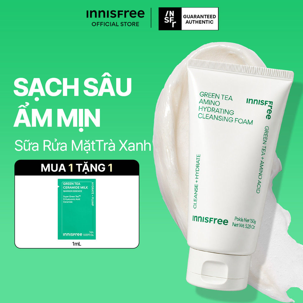 Sữa rửa mặt trà xanh sạch sâu ẩm mịn INNISFREE Green Tea Amino Cleansing Foam 150g