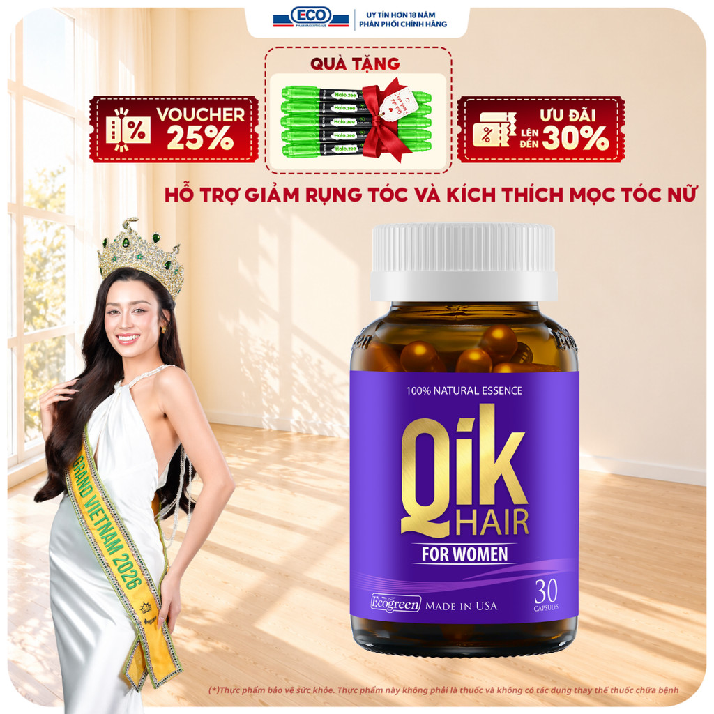 [Hộp 30v] Viên Uống Kích Thích Mọc Tóc Qik Hair For Women Ecogreen Giảm Rụng Tóc Cho Nữ
