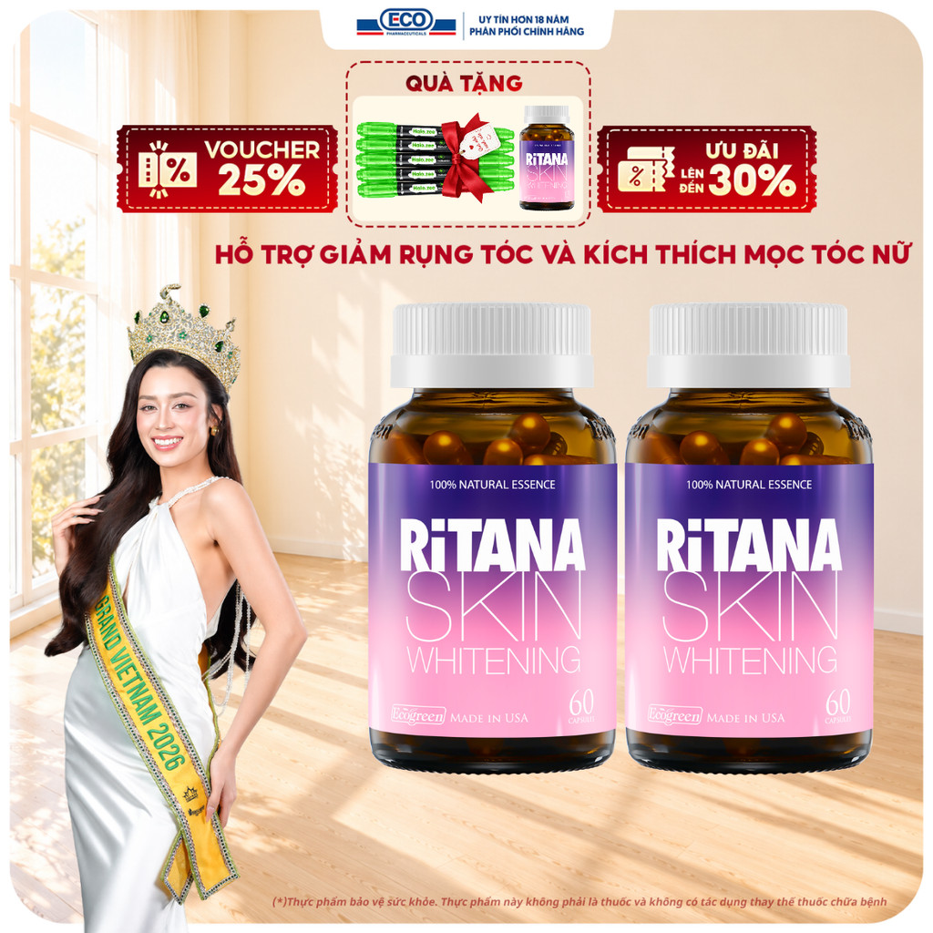 [Tặng Hộp 15v] Combo 2 Chai 60v – Viên Uống Trắng Da Ritana Ecogreen Glutathione, Mờ Nám, Chống Nắng